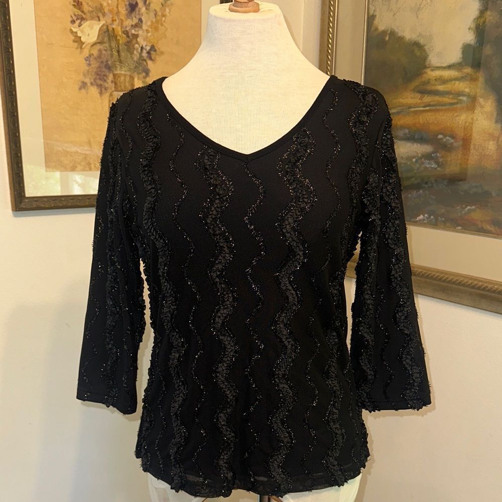 Once Again Black Sequin Ruffle Women's Top Size MP